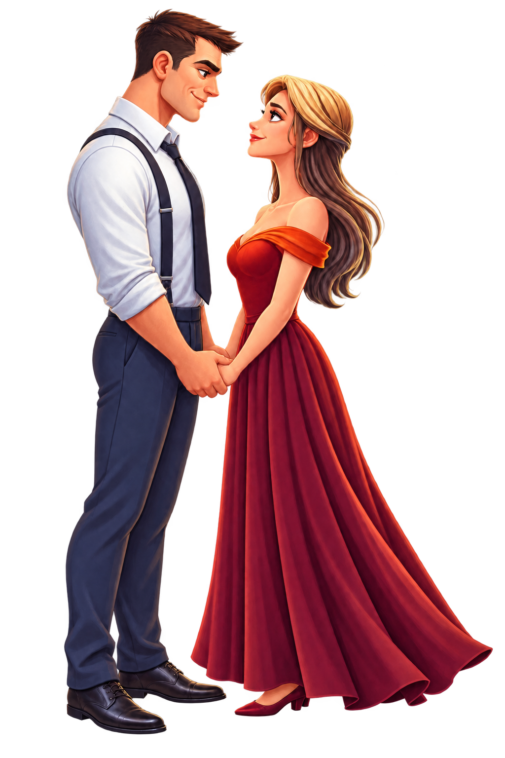 The Beyond Fairy Tales couple holding hands and looking lovingly at each other.