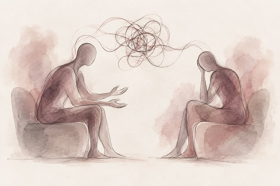 Abstract illustration of two partners in conflict, with tangled lines representing emotional overwhelm.