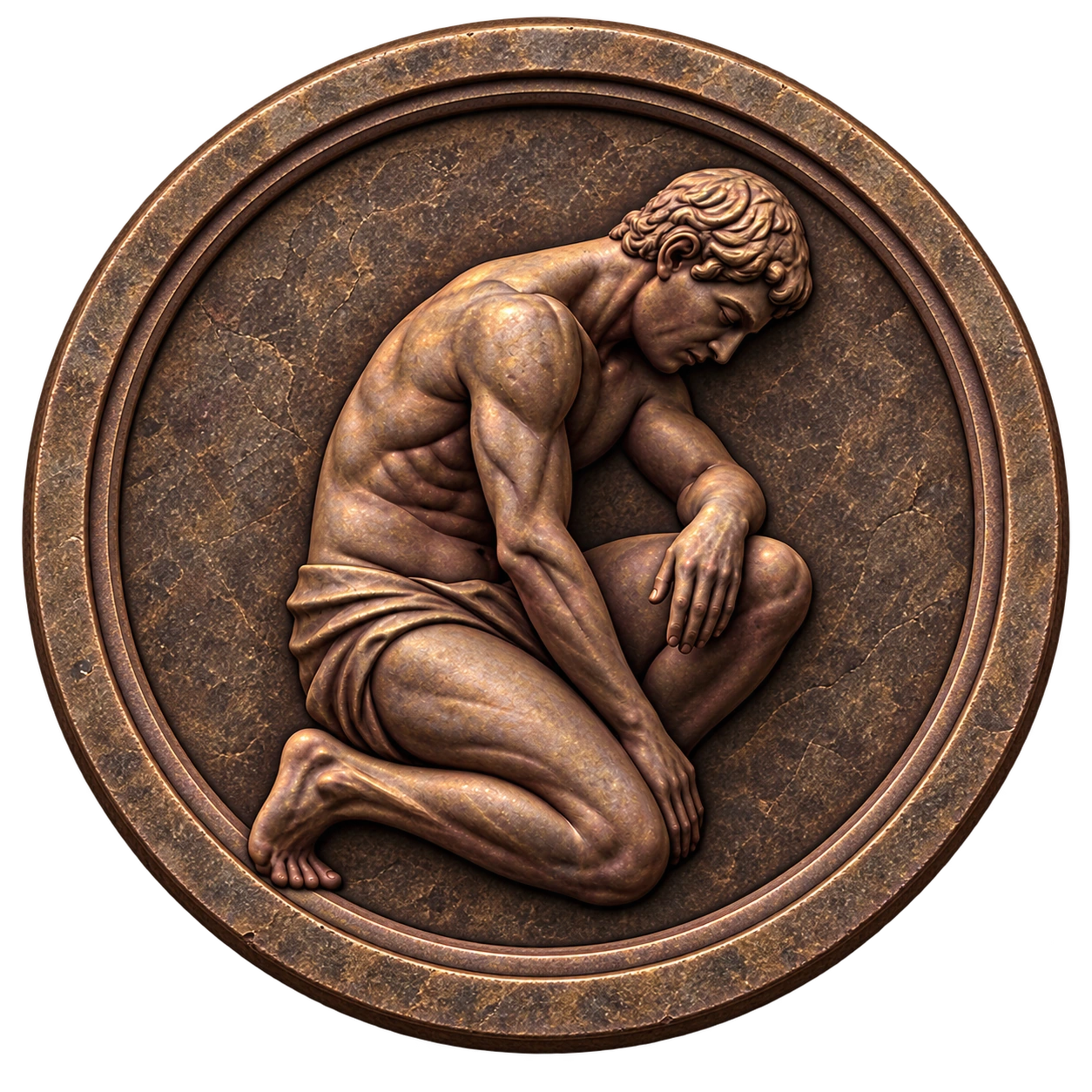 A bowed, crouching figure carved into a complete circular stone medallion
