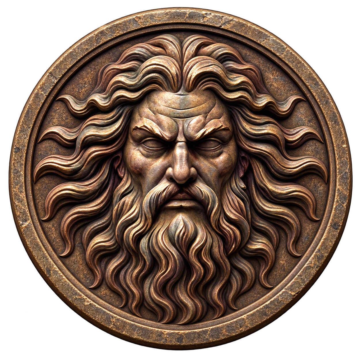 A stern bearded face carved into a complete circular stone medallion