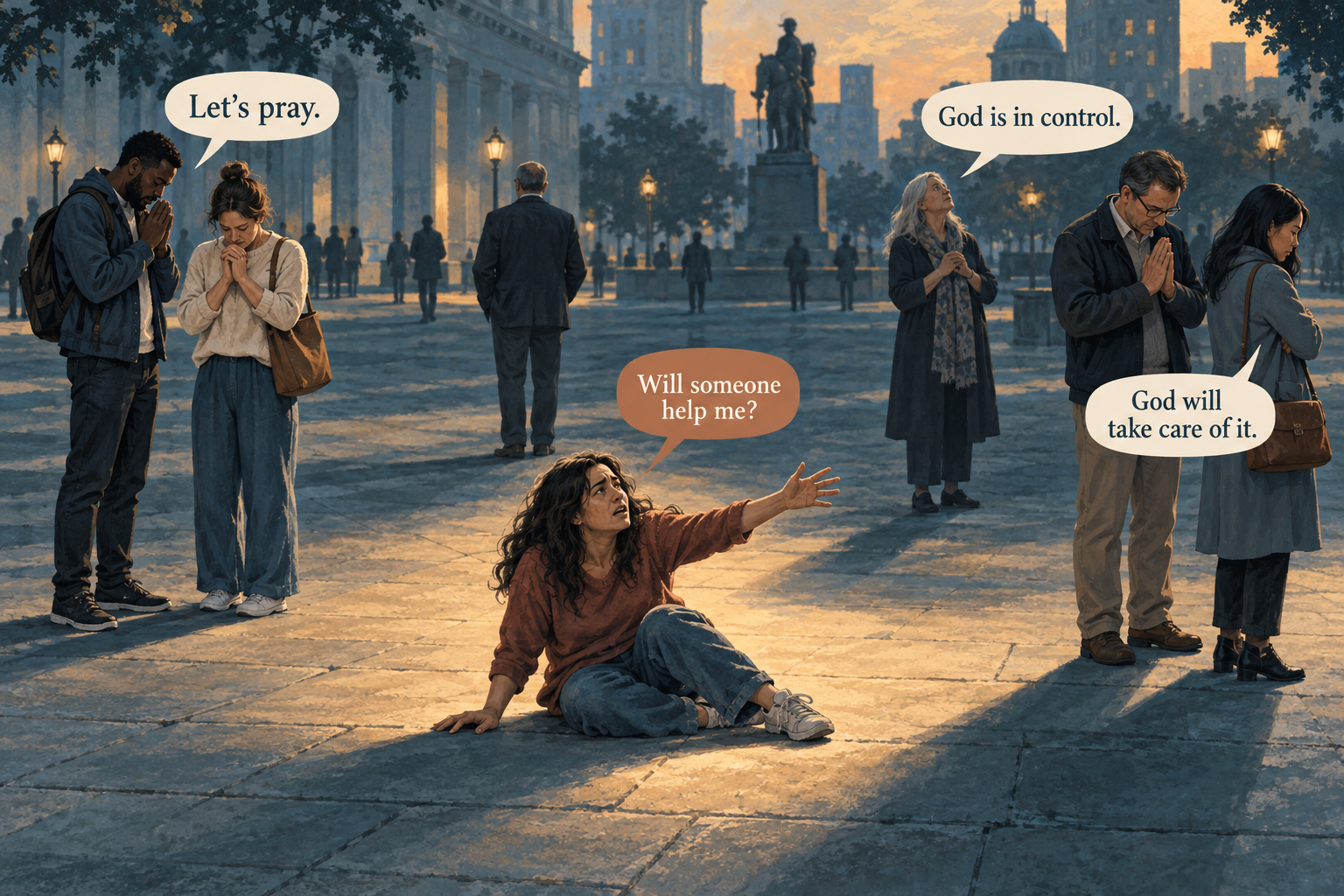A person on the ground asks, ‘Will someone help me?’ Nearby people remain at a distance, saying ‘Let’s pray,’ ‘God is in control,’ and ‘God will take care of it.’