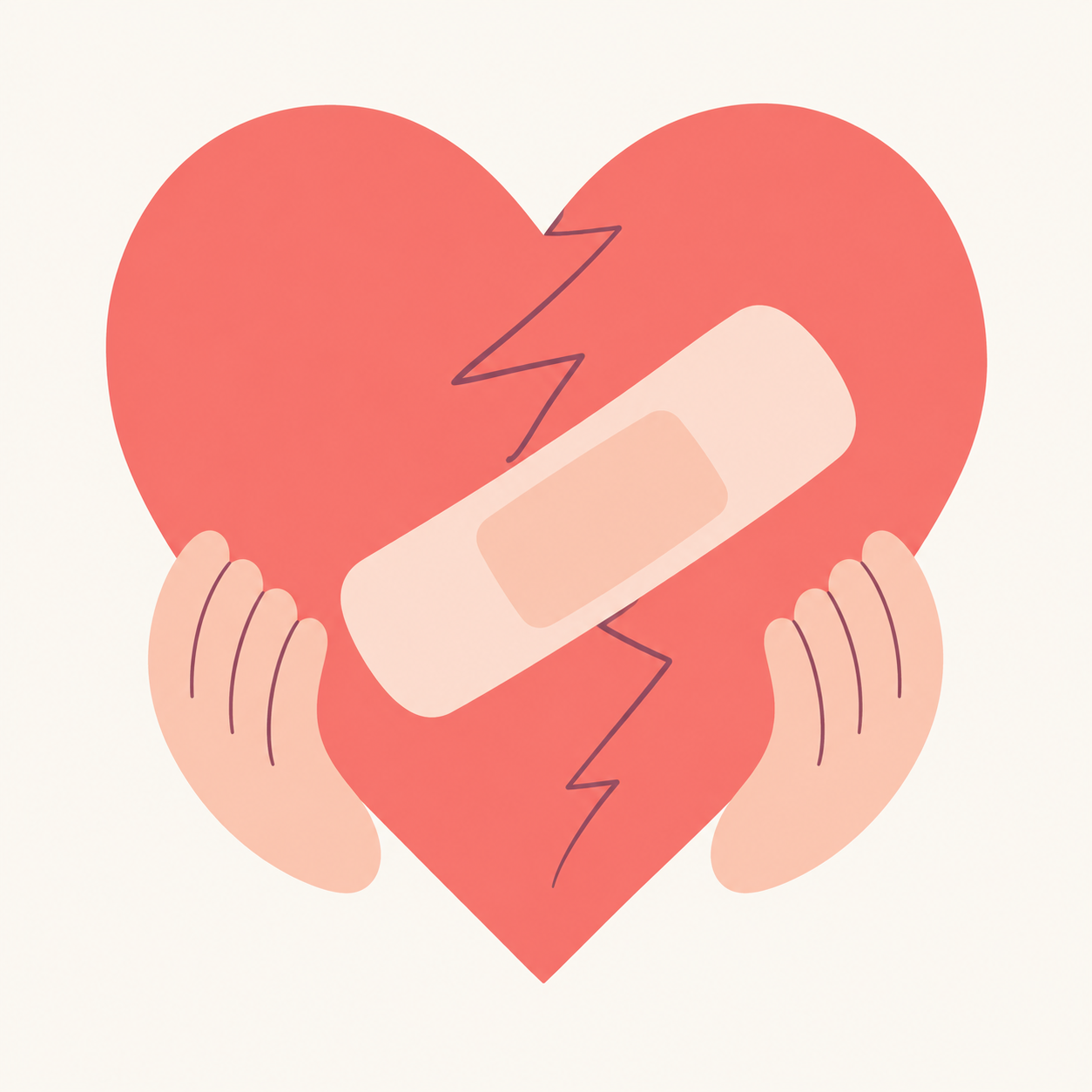 A soft coral-red heart with a beige bandage, gently held by two caring hands