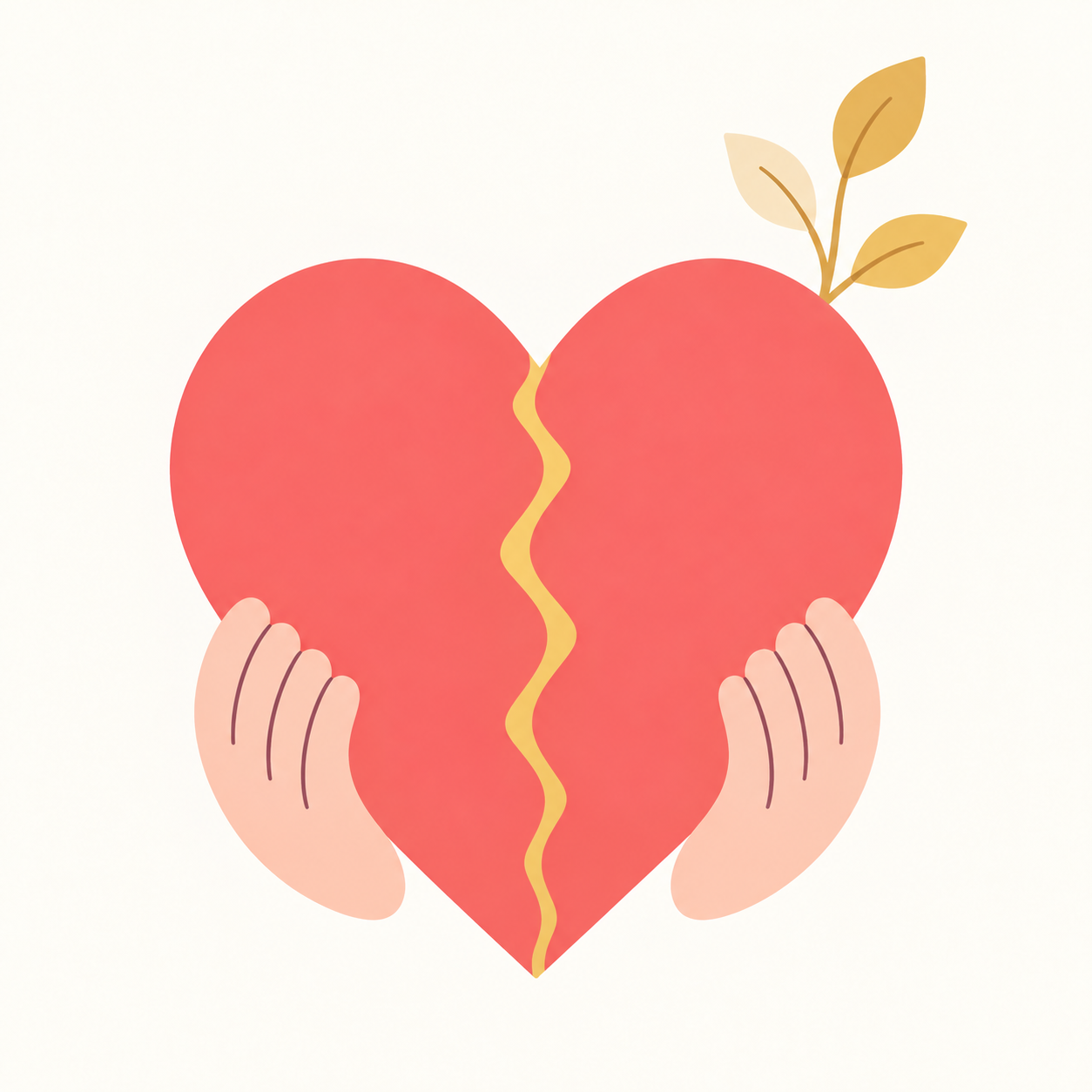 A healed coral heart with a gold-filled seam and three growing leaves, held gently by two hands